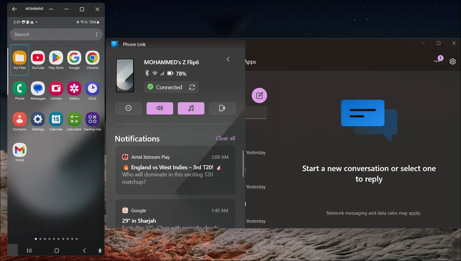 Ứng dụng Phone Link trên Windows 11 đang phản chiếu màn hình điện thoại Samsung Galaxy.