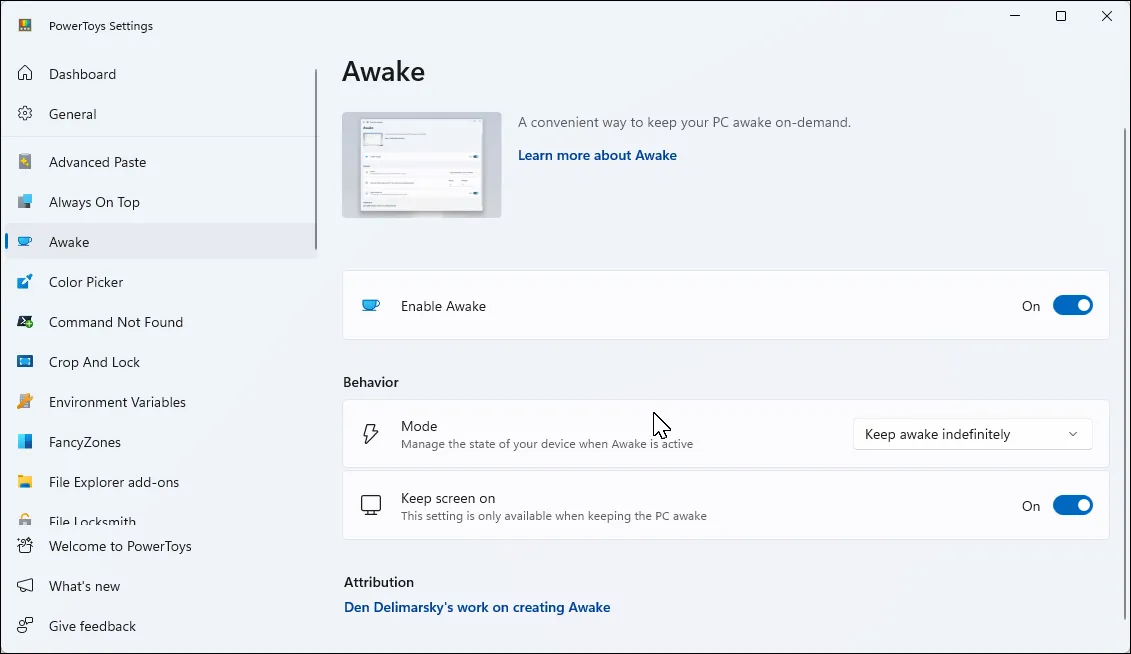 Ứng dụng PowerToys trên Windows 11, hiển thị tab Awake đang hoạt động để duy trì trạng thái thức của máy tính