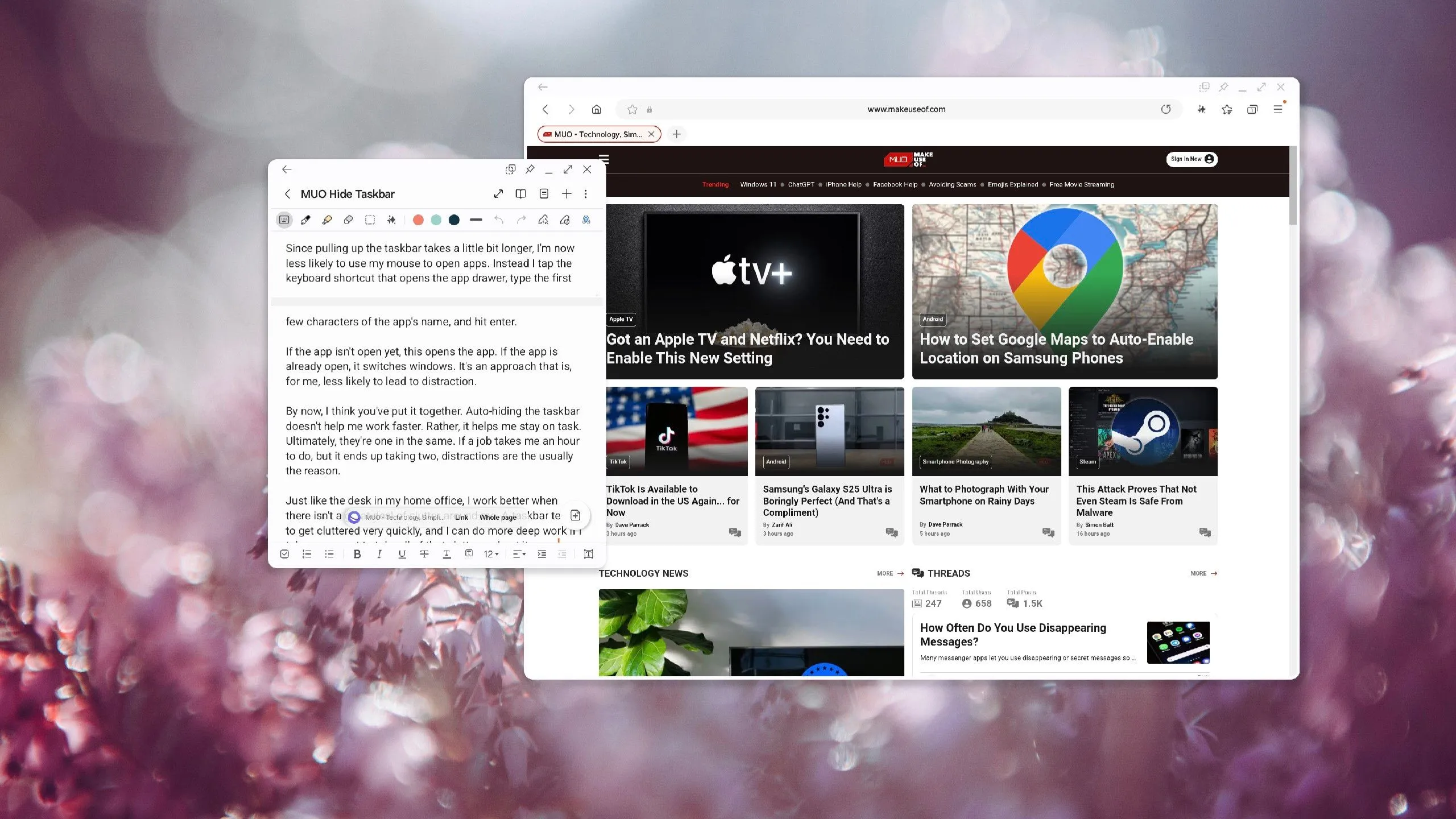 Ứng dụng Samsung Notes và Samsung Internet đang mở trong Samsung DeX