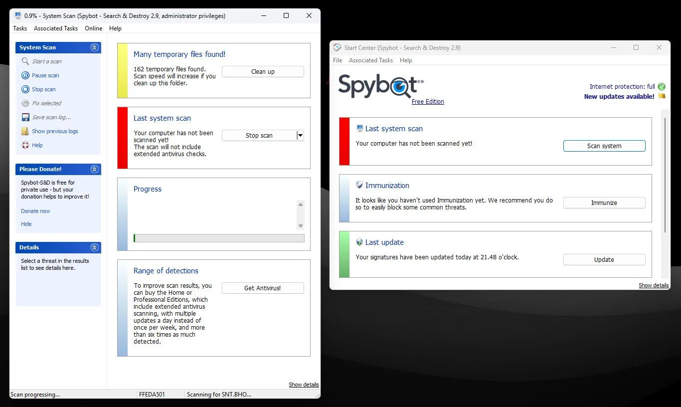 Ứng dụng Spybot – Search &amp; Destroy đang quét máy tính Windows để tìm kiếm và gỡ bỏ phần mềm gián điệp và adware.