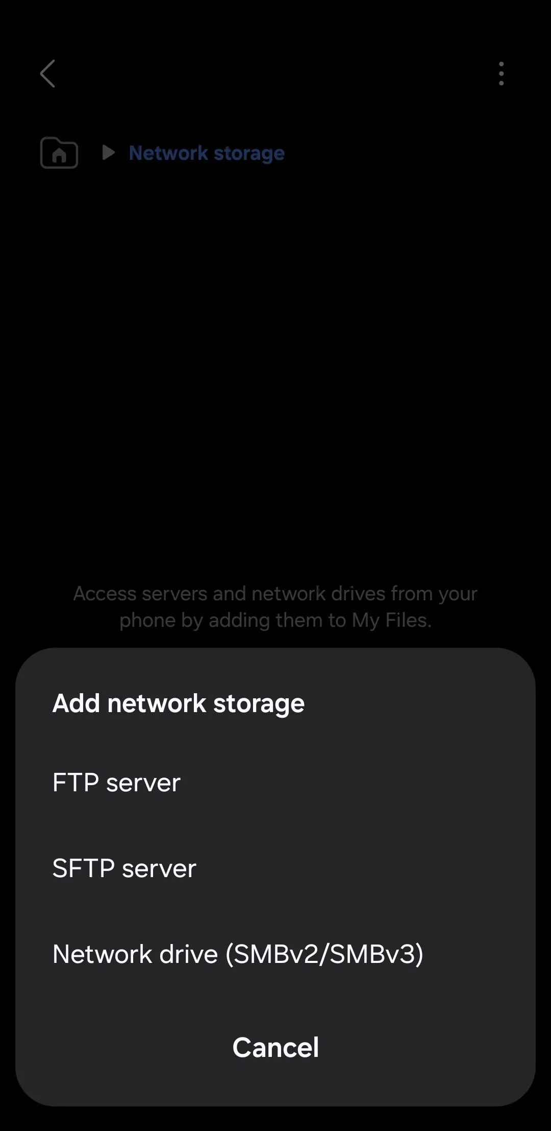 Ứng dụng Tệp của tôi Samsung hiển thị tùy chọn thêm bộ nhớ mạng