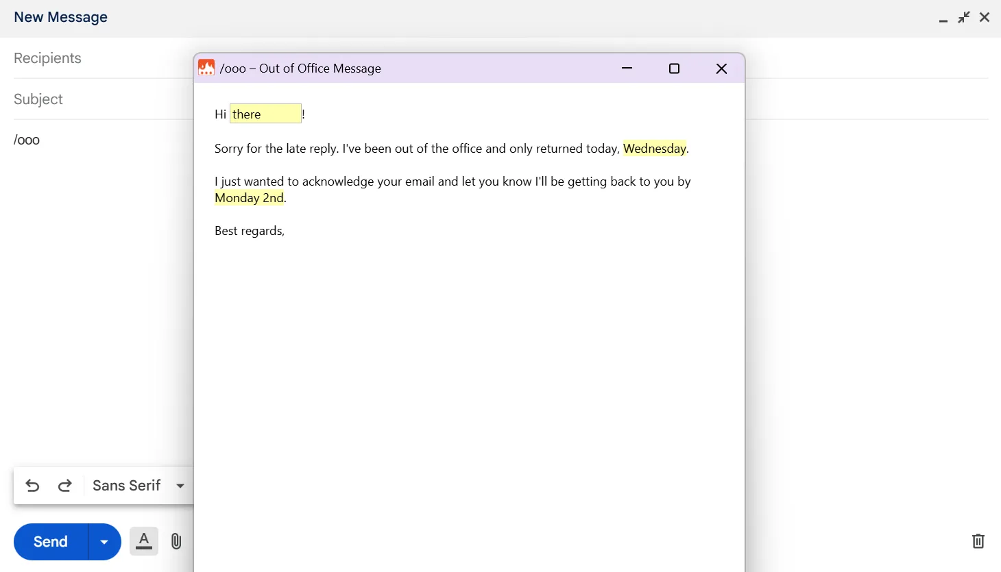 Ứng dụng Text Blaze để tạo mẫu trả lời tự động &quot;Out of Office&quot; trong Gmail với các trường thông tin linh hoạt.