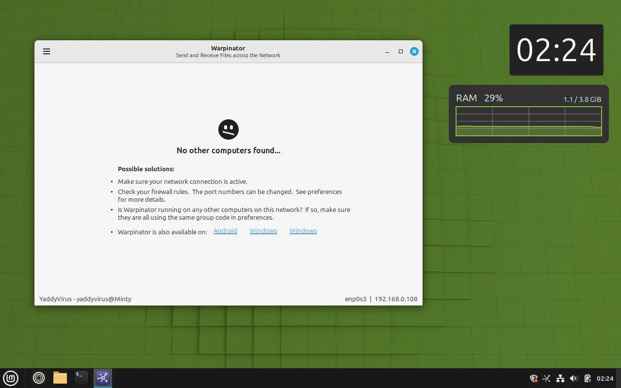 Ứng dụng Warpinator trên Linux Mint, minh họa tính năng chia sẻ tệp tin nhanh chóng giữa các thiết bị trên mạng cục bộ.