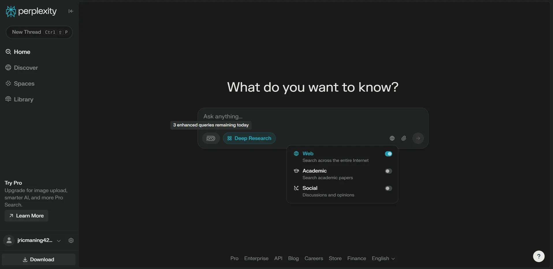 Ứng dụng web Perplexity với giao diện sạch sẽ, nơi người dùng có thể tương tác với các chatbot AI để nghiên cứu.