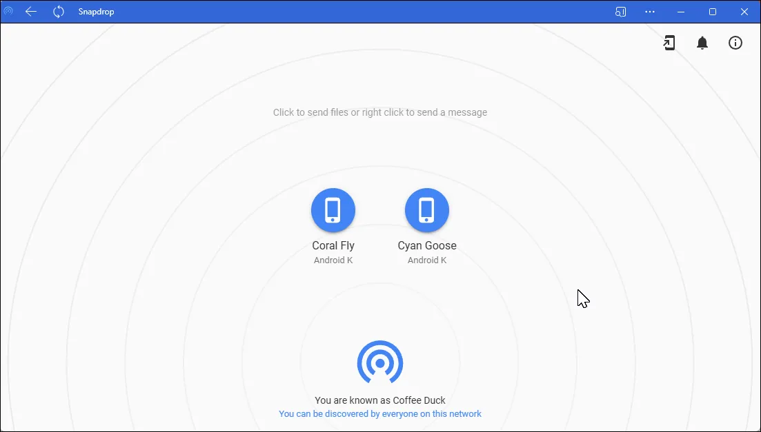 Ứng dụng web Snapdrop trên trình duyệt Microsoft Edge hiển thị hai thiết bị được tìm thấy trong mạng nội bộ, mô phỏng chức năng AirDrop trên Windows.