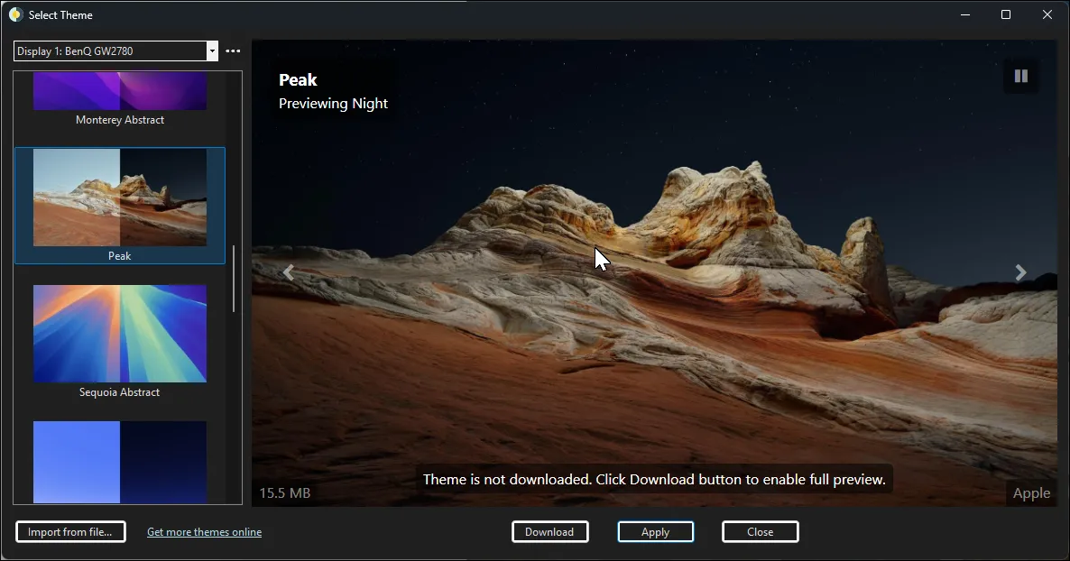 Ứng dụng WinDynamicDesktop hiển thị chủ đề hình nền động &quot;Peak&quot; được chọn, mang tính năng hình nền thay đổi theo thời gian của macOS lên Windows.