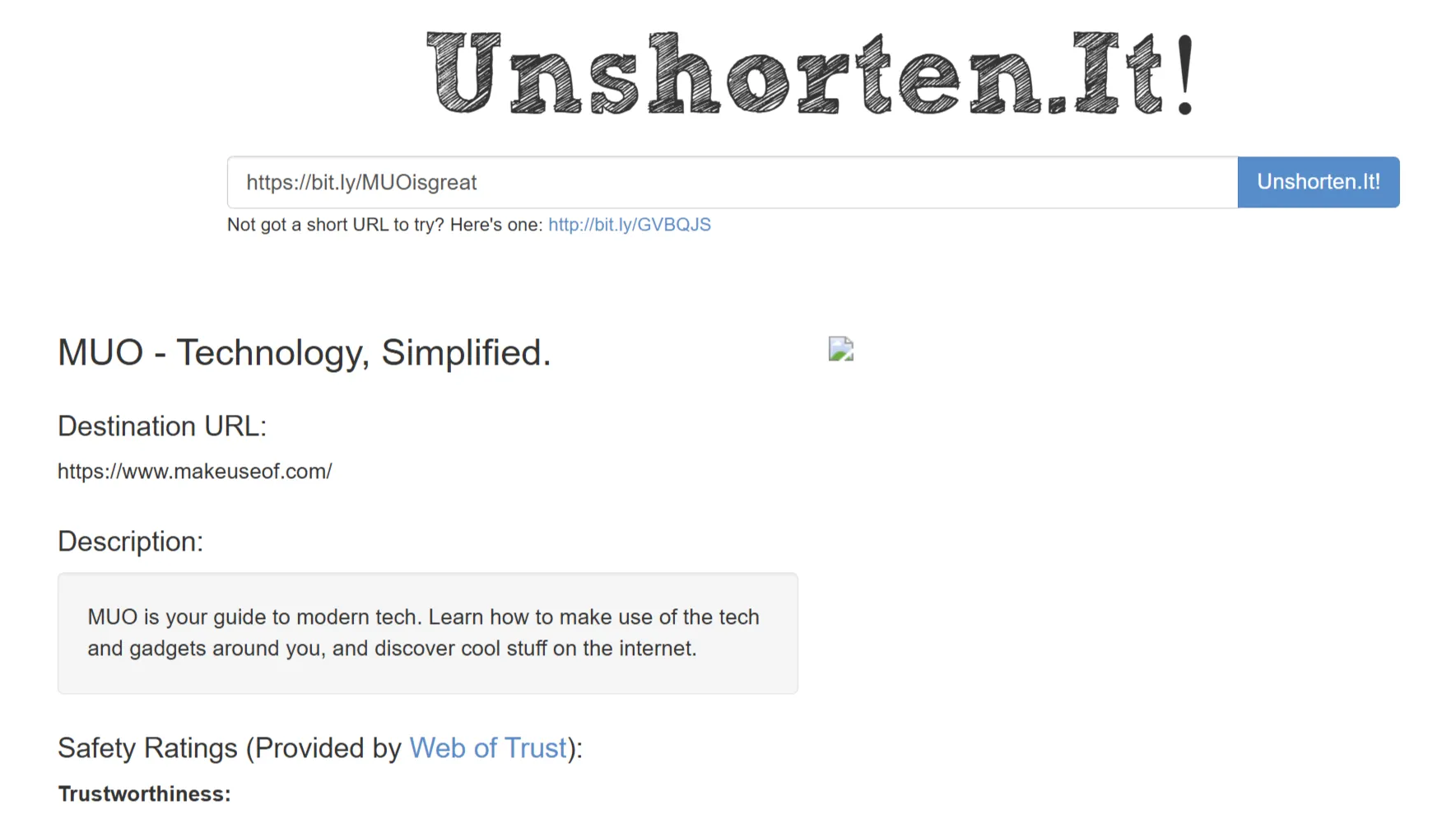 Unshorten.it hiển thị URL đích cho một đường link rút gọn.