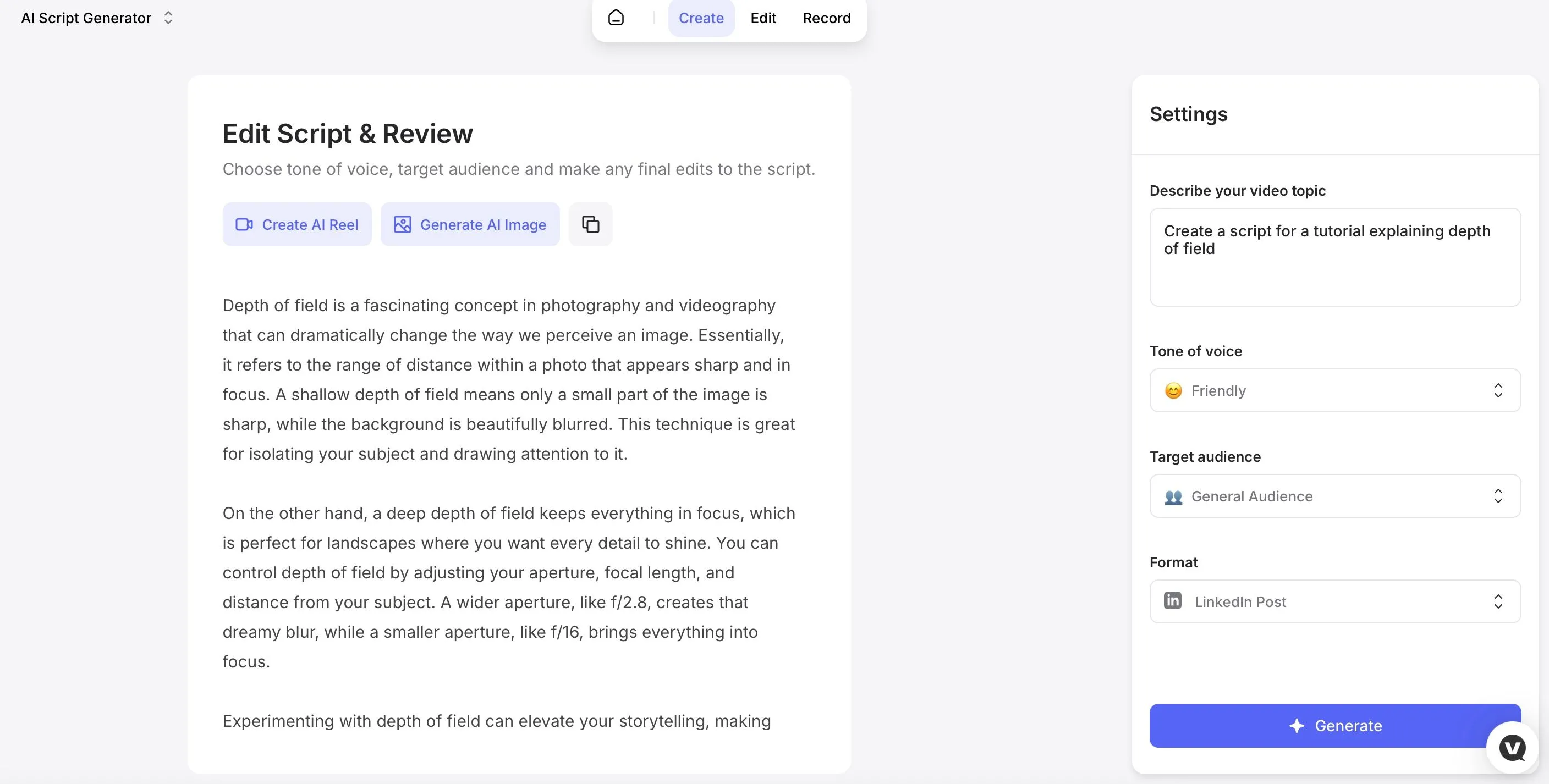 Veed.io AI Script Generator - Công cụ tạo kịch bản thông minh