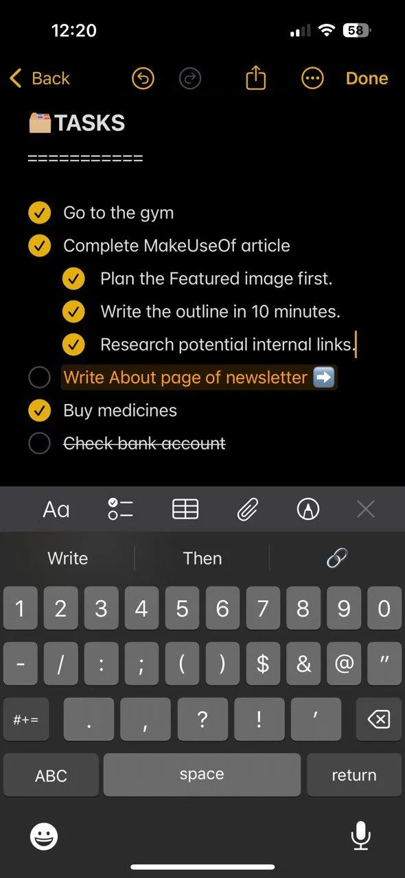 Ví dụ bố cục ghi chú hàng ngày với các tác vụ, sự kiện và ghi chú trong Bullet Journal trên Apple Notes