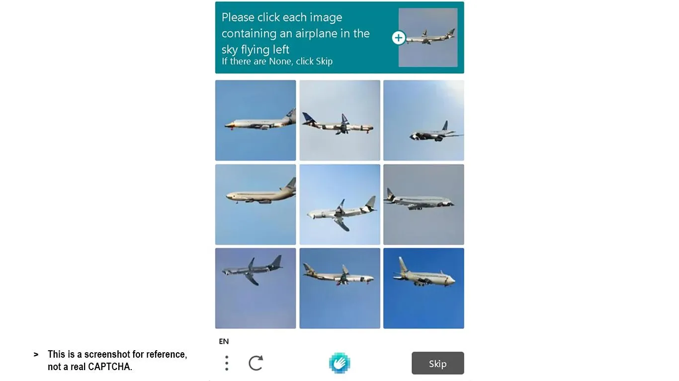 Ví dụ CAPTCHA hình ảnh máy bay bay về phía trái