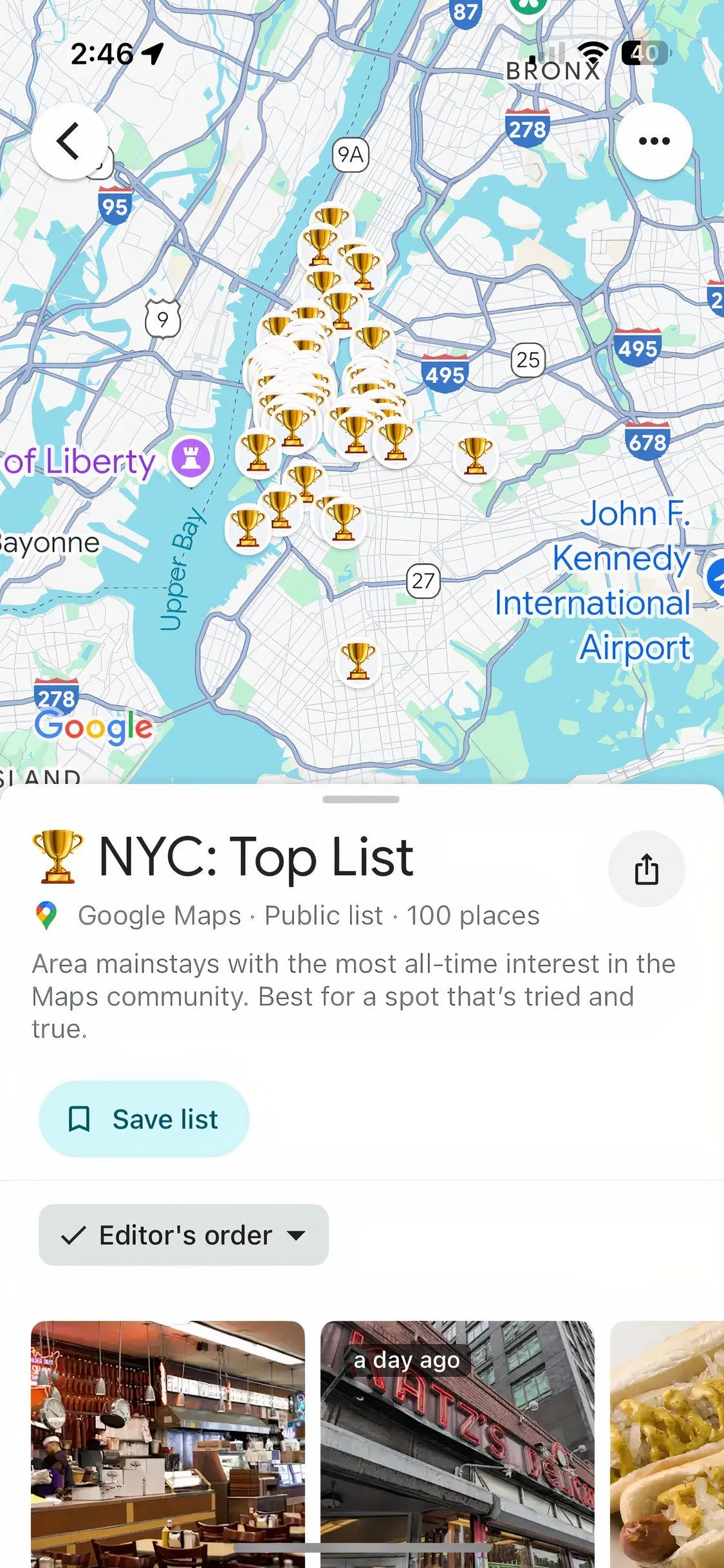 Ví dụ danh sách địa điểm nổi bật tại NYC hiển thị trên Google Maps.