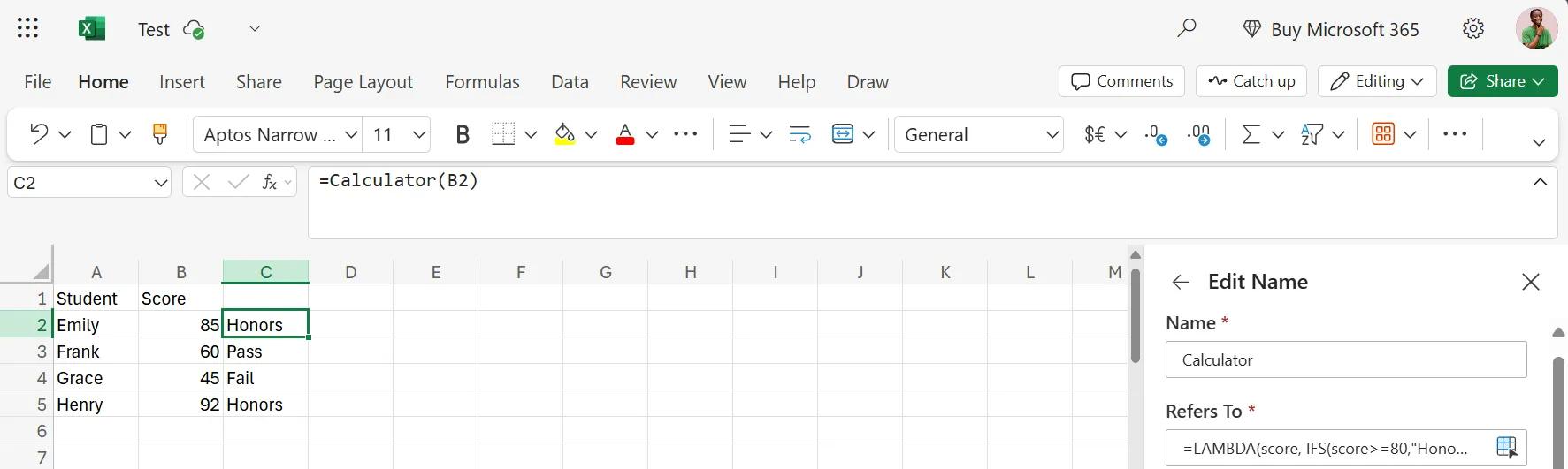 Ví dụ hàm LAMBDA Score Calculator trong Excel giúp tính điểm tự động và dễ dàng quản lý