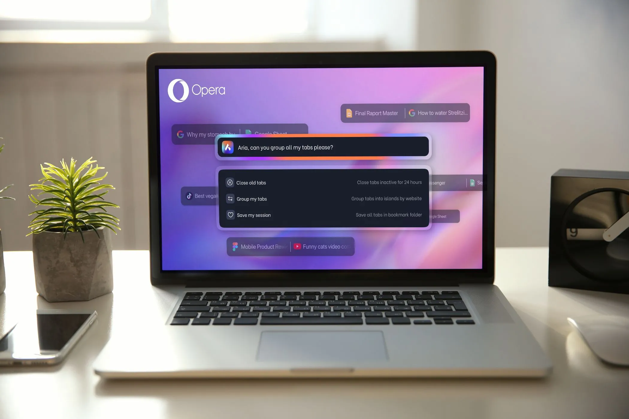 Ví dụ lệnh AI của Opera Aria cho tab trên màn hình laptop