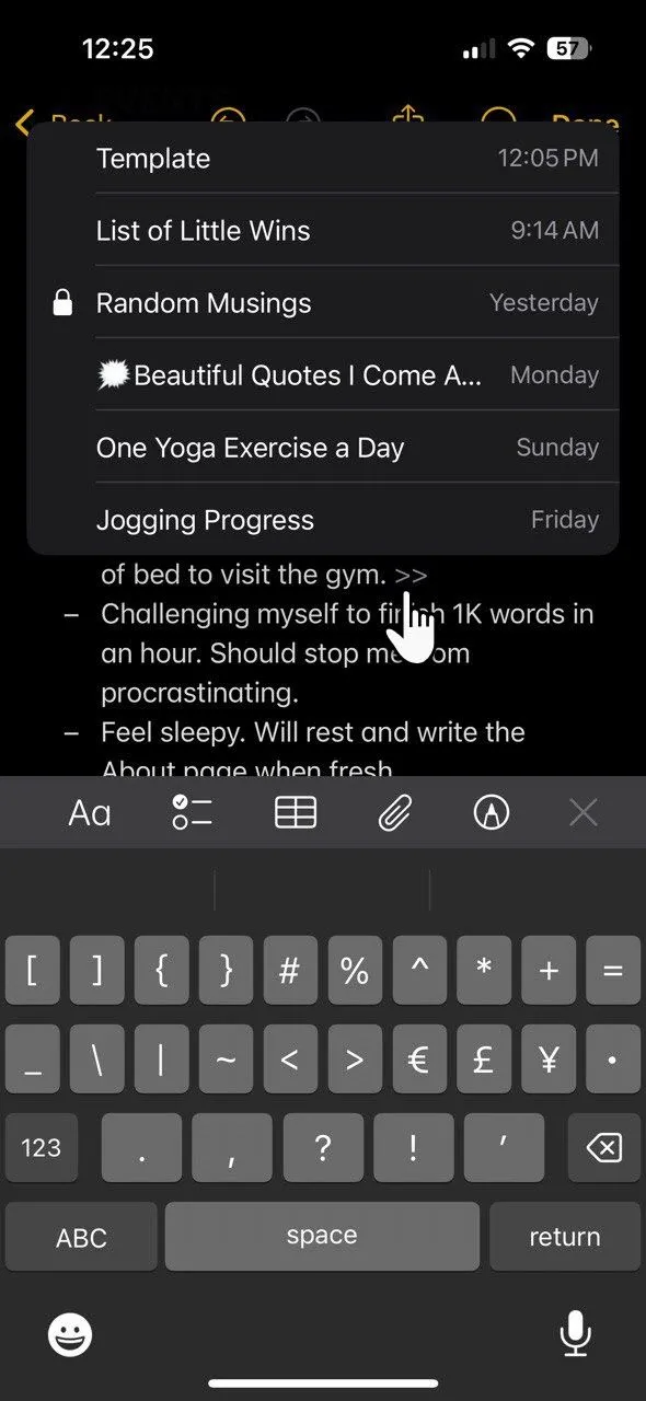 Ví dụ liên kết các ghi chú và sử dụng thẻ phân loại trong nhật ký Bullet Journal trên Apple Notes