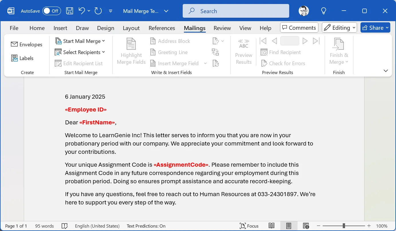 Ví dụ tài liệu Word dùng làm mẫu email trộn thư với các trường dữ liệu