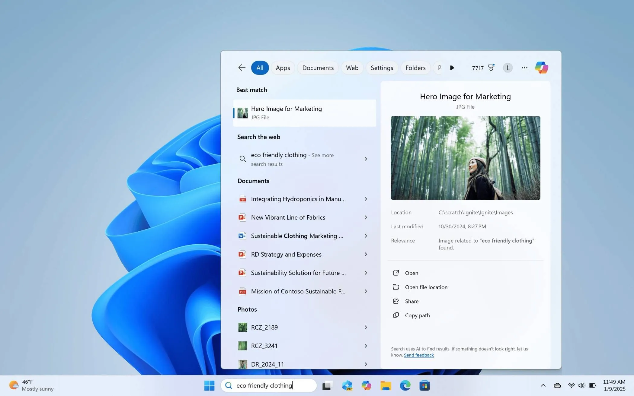 Ví dụ tìm kiếm sản phẩm 'quần áo thân thiện môi trường' bằng Semantic Search trong Windows 11