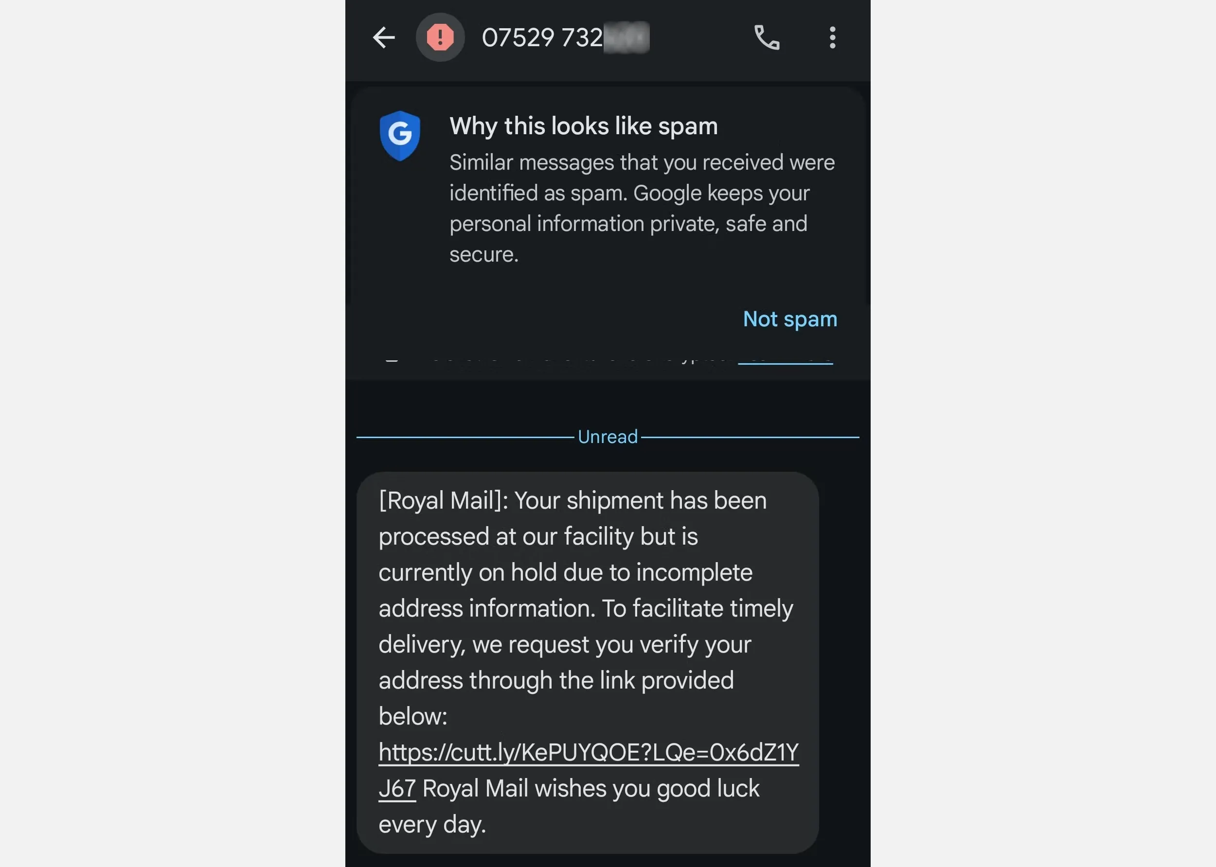 Ví dụ tin nhắn lừa đảo Smishing mạo danh dịch vụ giao hàng Royal Mail trên điện thoại