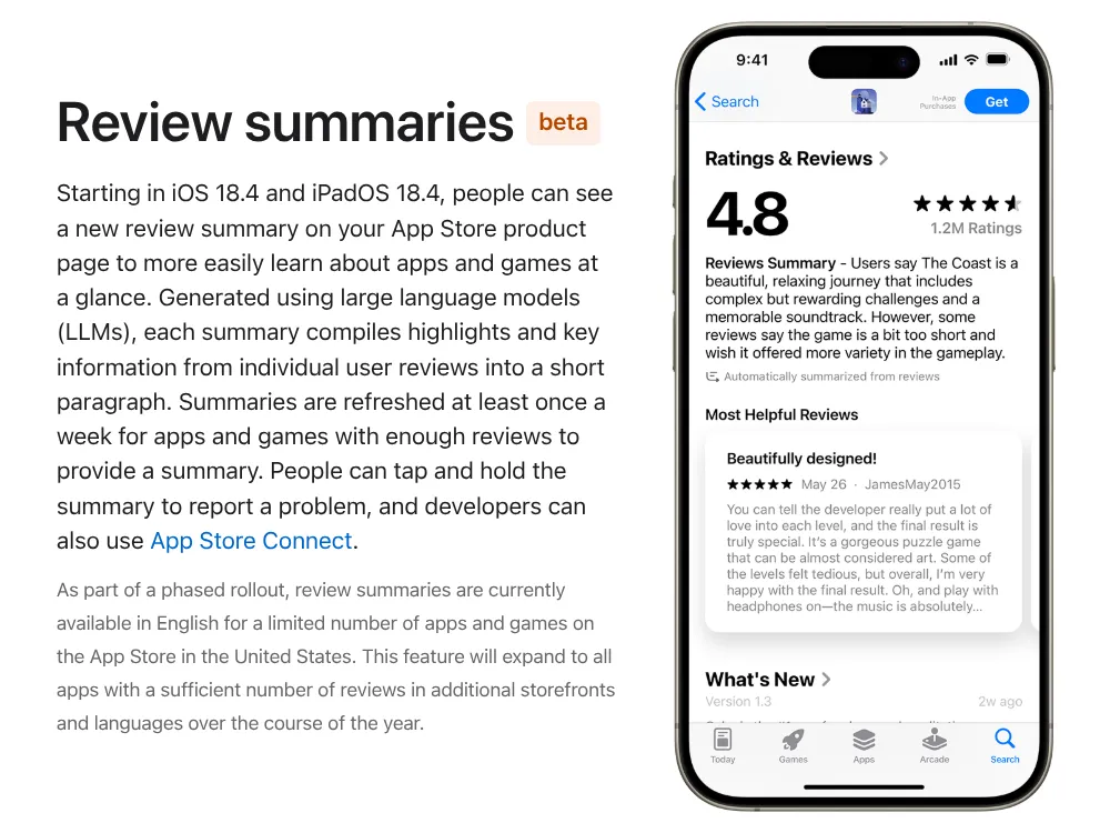 Ví dụ tính năng AI tóm tắt đánh giá ứng dụng trên Apple App Store