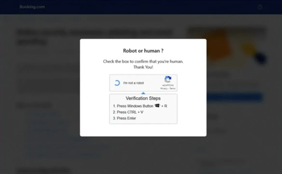 Ví dụ trang web lừa đảo Booking.com hiển thị CAPTCHA độc hại từ Microsoft Threat Intelligence
