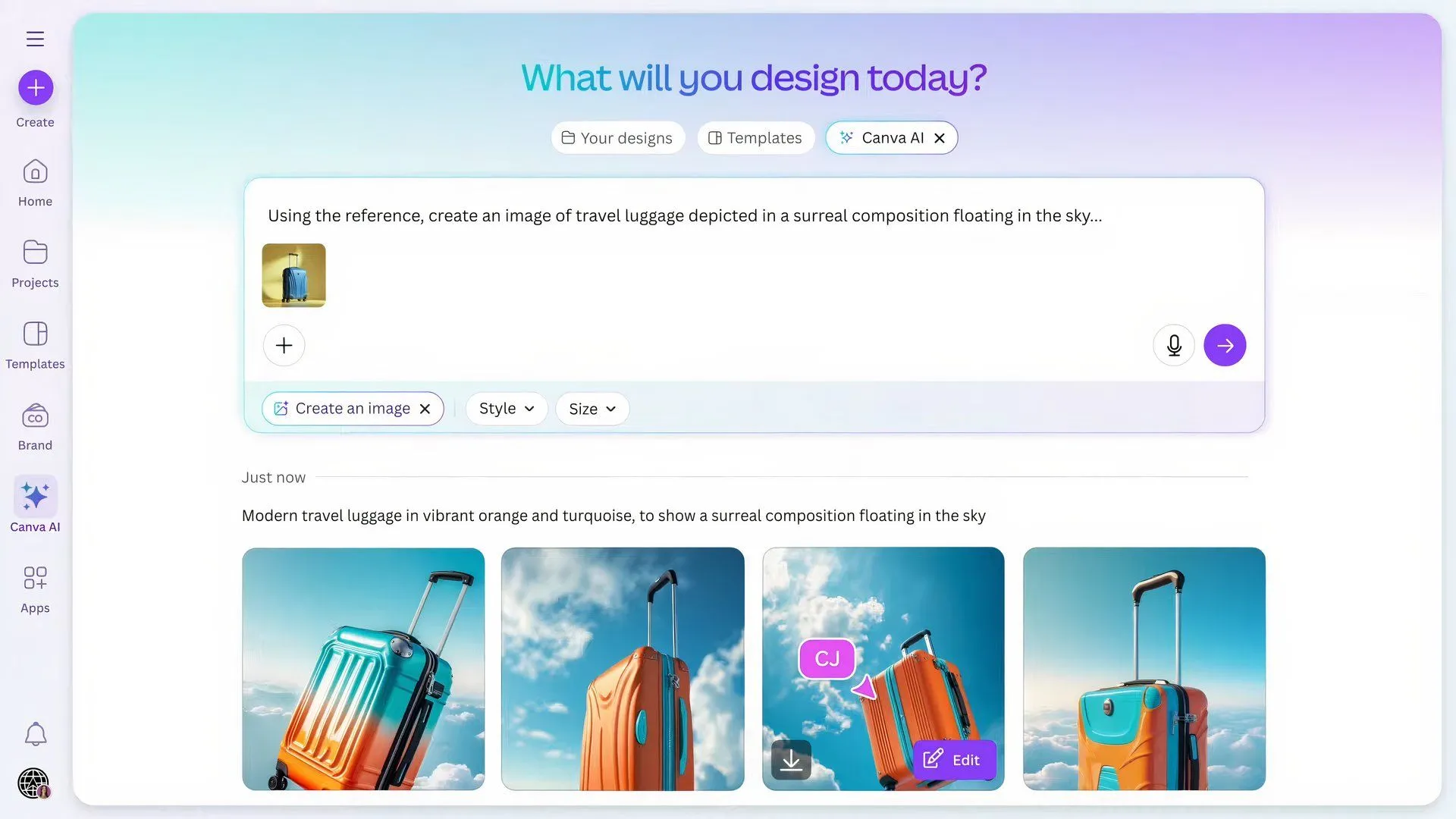 Ví dụ trên màn hình về cách sử dụng tính năng Create an Image mới của Canva AI