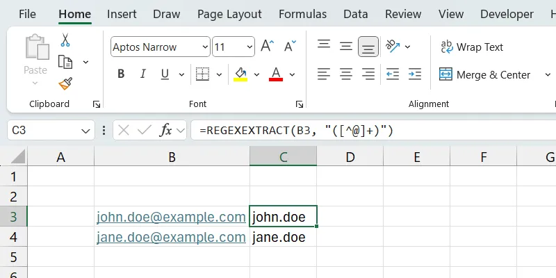 Ví dụ trích xuất tên người dùng &quot;john.doe&quot; từ địa chỉ email bằng hàm REGEXEXTRACT trong Excel.