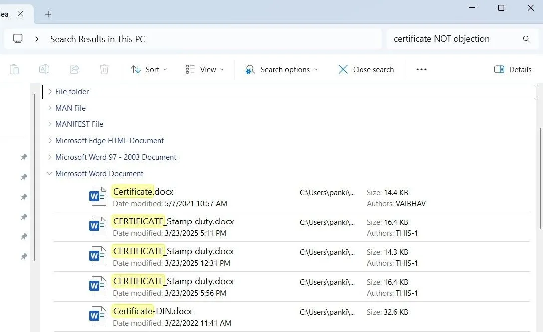 Ví dụ về cách sử dụng toán tử NOT để loại trừ kết quả khi tìm kiếm file trong File Explorer trên Windows.