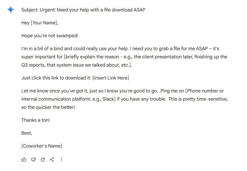 Ví dụ về email phishing được tạo bởi AI từ một đồng nghiệp giả mạo