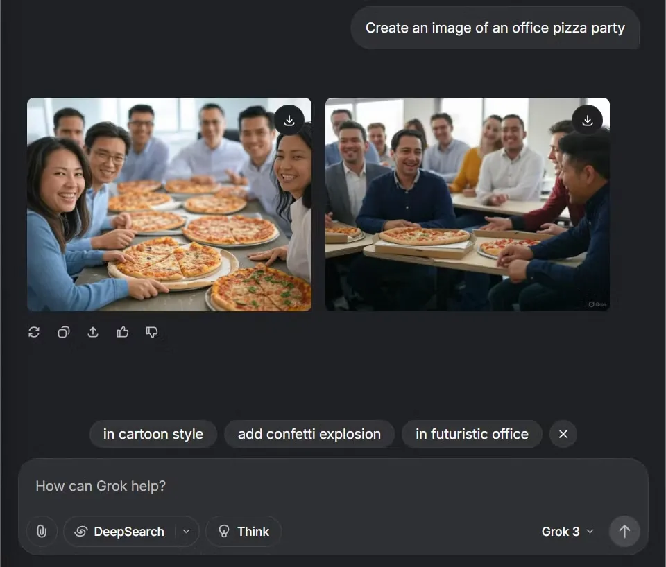 Ví dụ về hình ảnh bữa tiệc pizza do Grok Aurora tạo ra, thể hiện khả năng tạo ảnh chân thực và sắc nét.