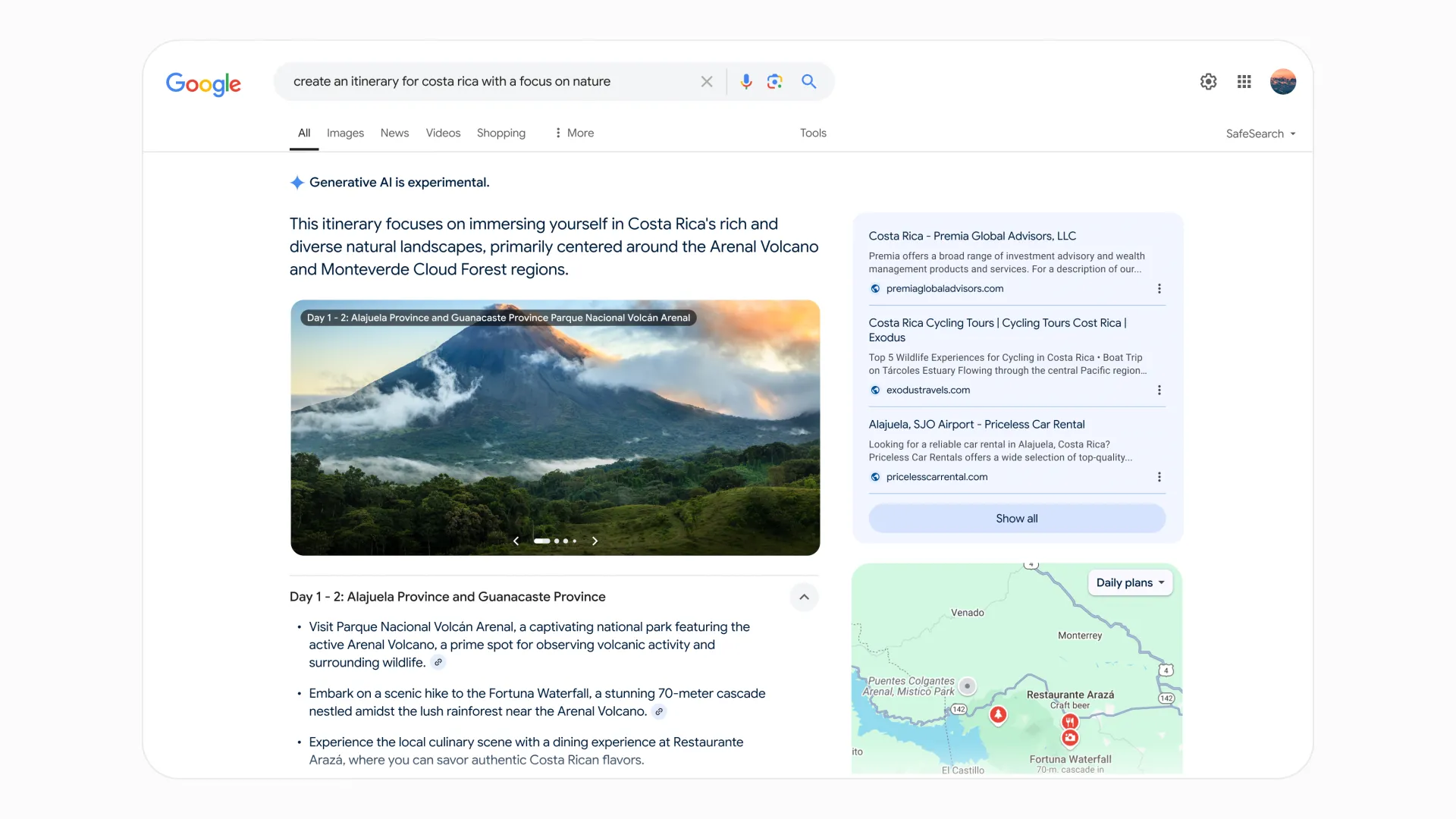 Ví dụ về lịch trình du lịch chi tiết được tạo bởi tính năng AI Overviews trong Google Search, kèm ảnh và đánh giá