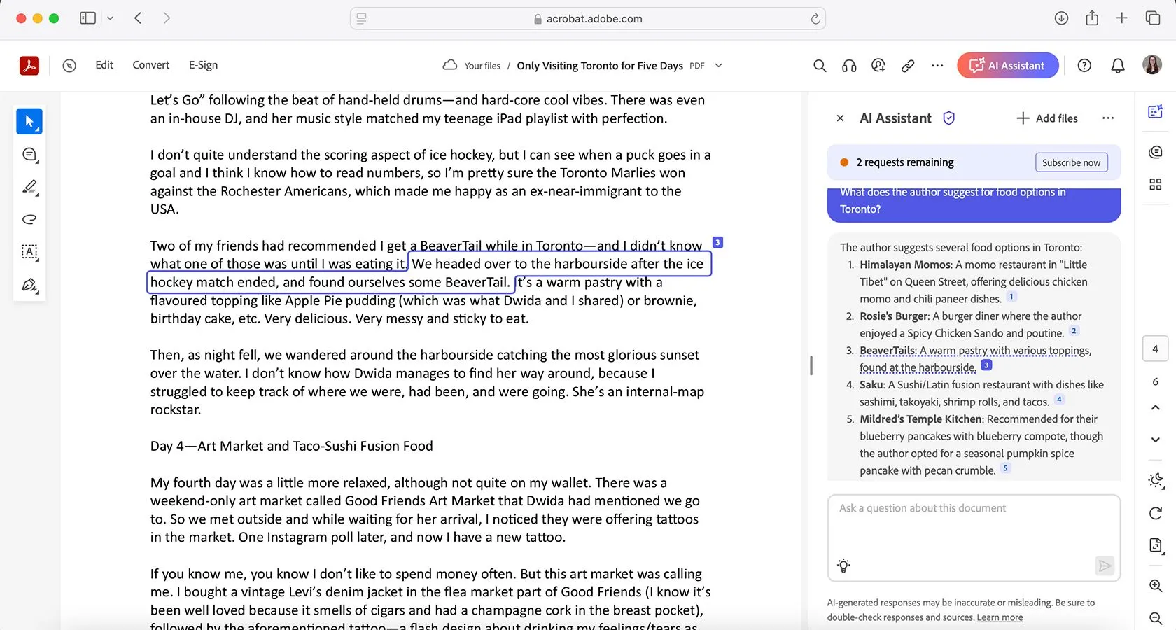 Ví dụ về tính năng trích dẫn nguồn rõ ràng của Adobe Acrobat AI Assistant trong kết quả tóm tắt.
