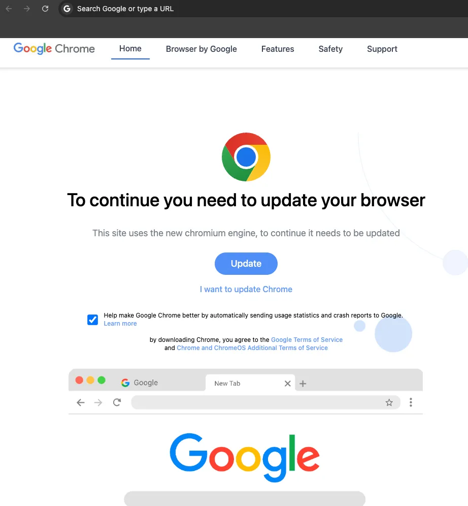 Ví dụ về trang thông báo cập nhật Google Chrome giả mạo được hacker sử dụng để lừa người dùng cài mã độc