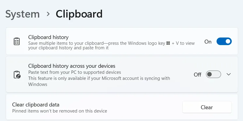 Vô hiệu hóa tính năng đồng bộ lịch sử bộ nhớ tạm giữa các thiết bị trên Windows 11.