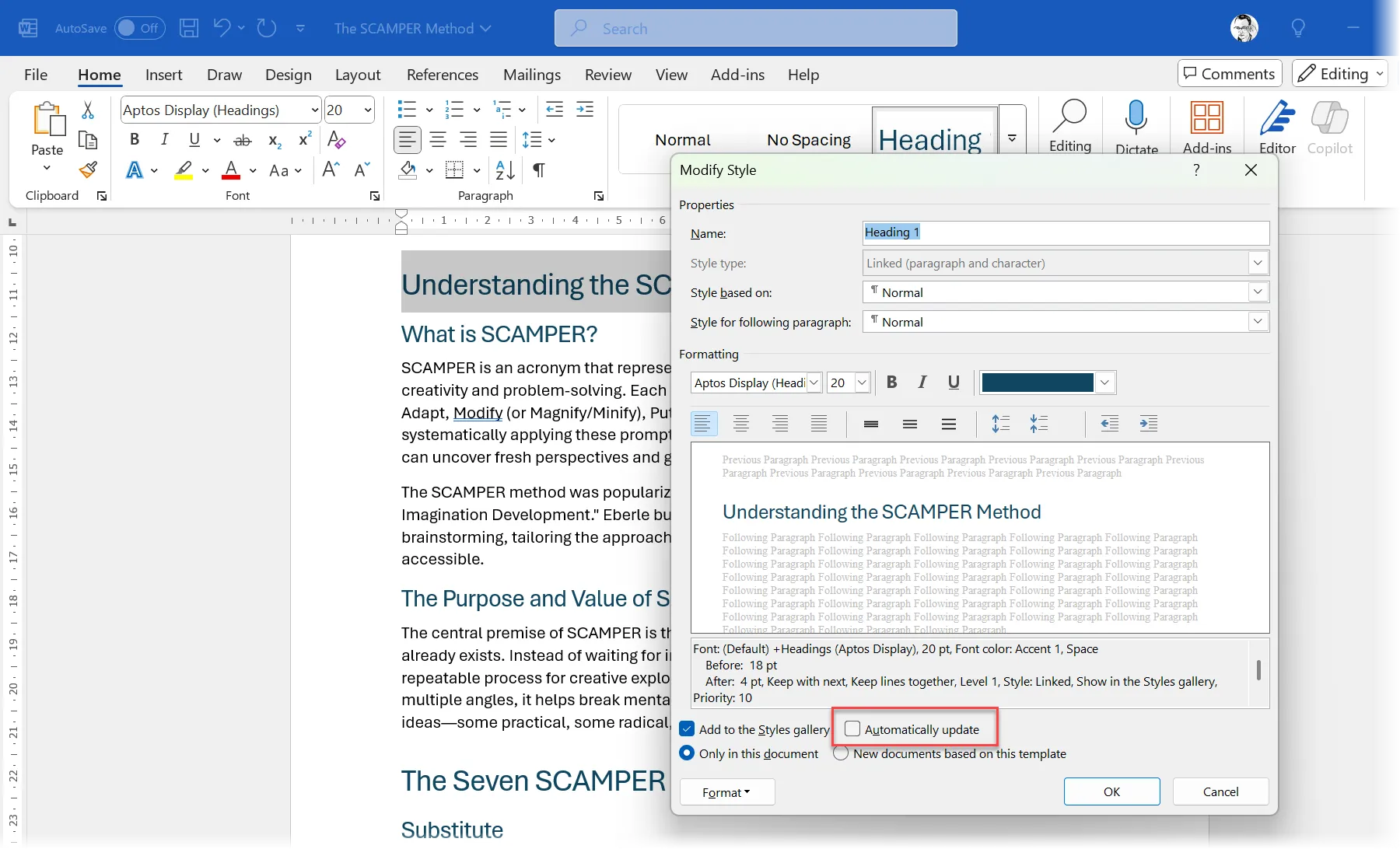 Vô hiệu hóa tùy chọn &quot;Automatically update&quot; trong cài đặt Modify Style của Microsoft Word
