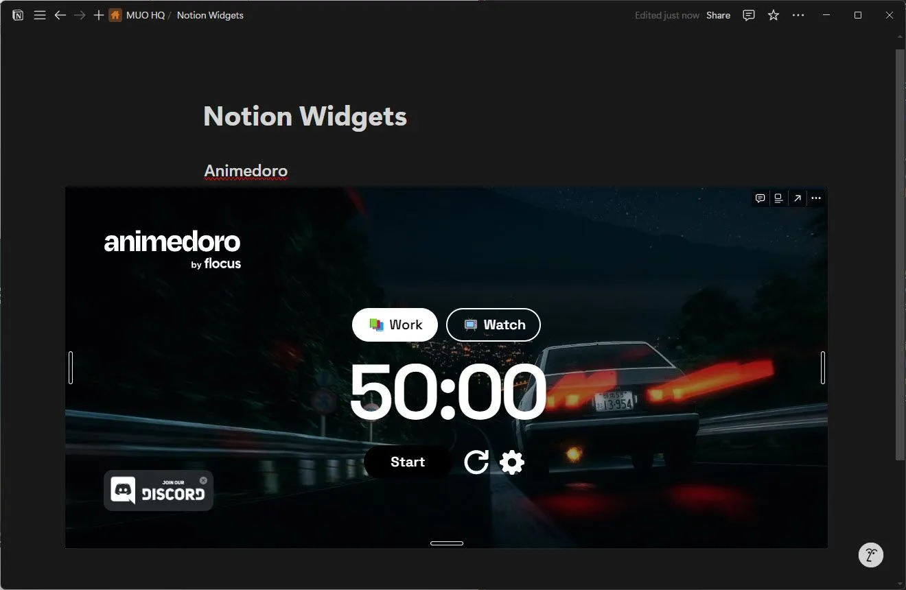 Widget Animedoro hẹn giờ Pomodoro phong cách anime được nhúng trong trang Notion