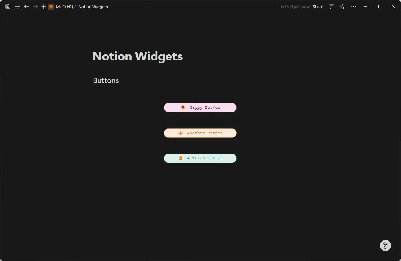 Widget Buttons của Indify với các nút tùy chỉnh được nhúng trong trang Notion