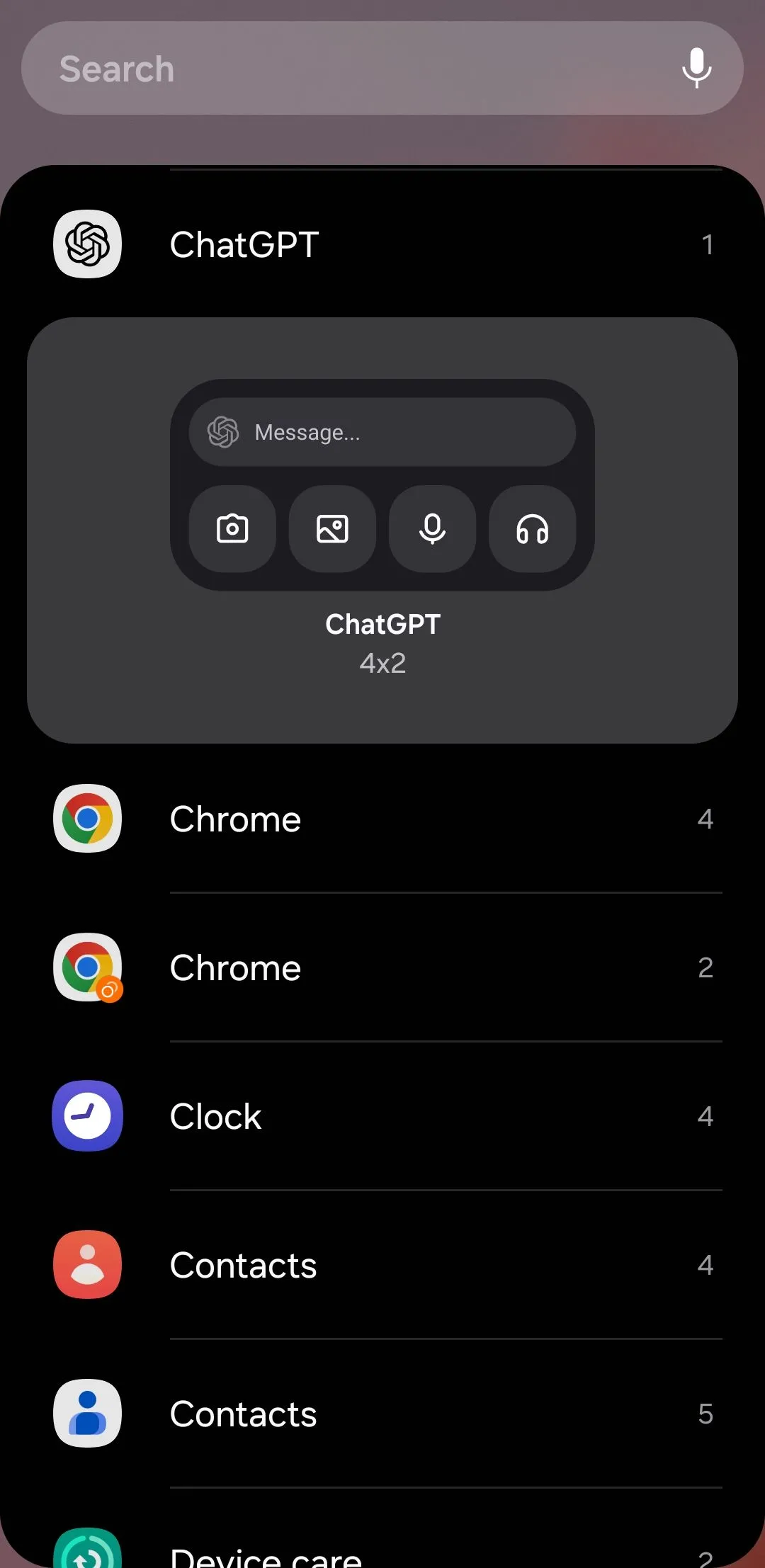 Widget ChatGPT trên điện thoại Android với các tùy chọn nhập liệu bằng văn bản, giọng nói và hình ảnh