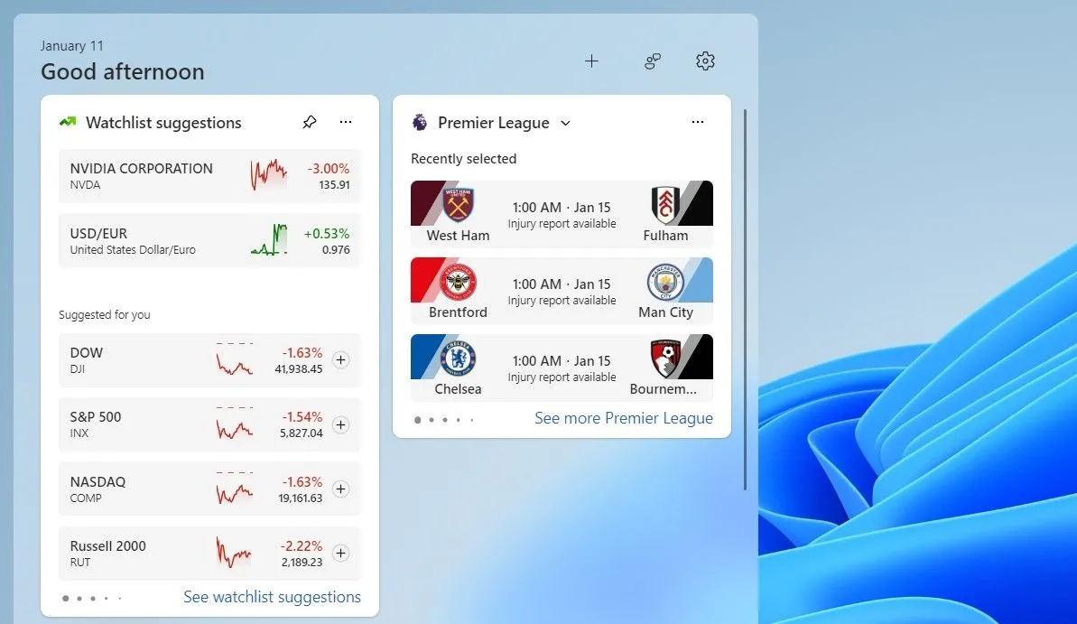 Widget Danh sách theo dõi hiển thị giá cổ phiếu và tiền điện tử trên bảng widget Windows 11