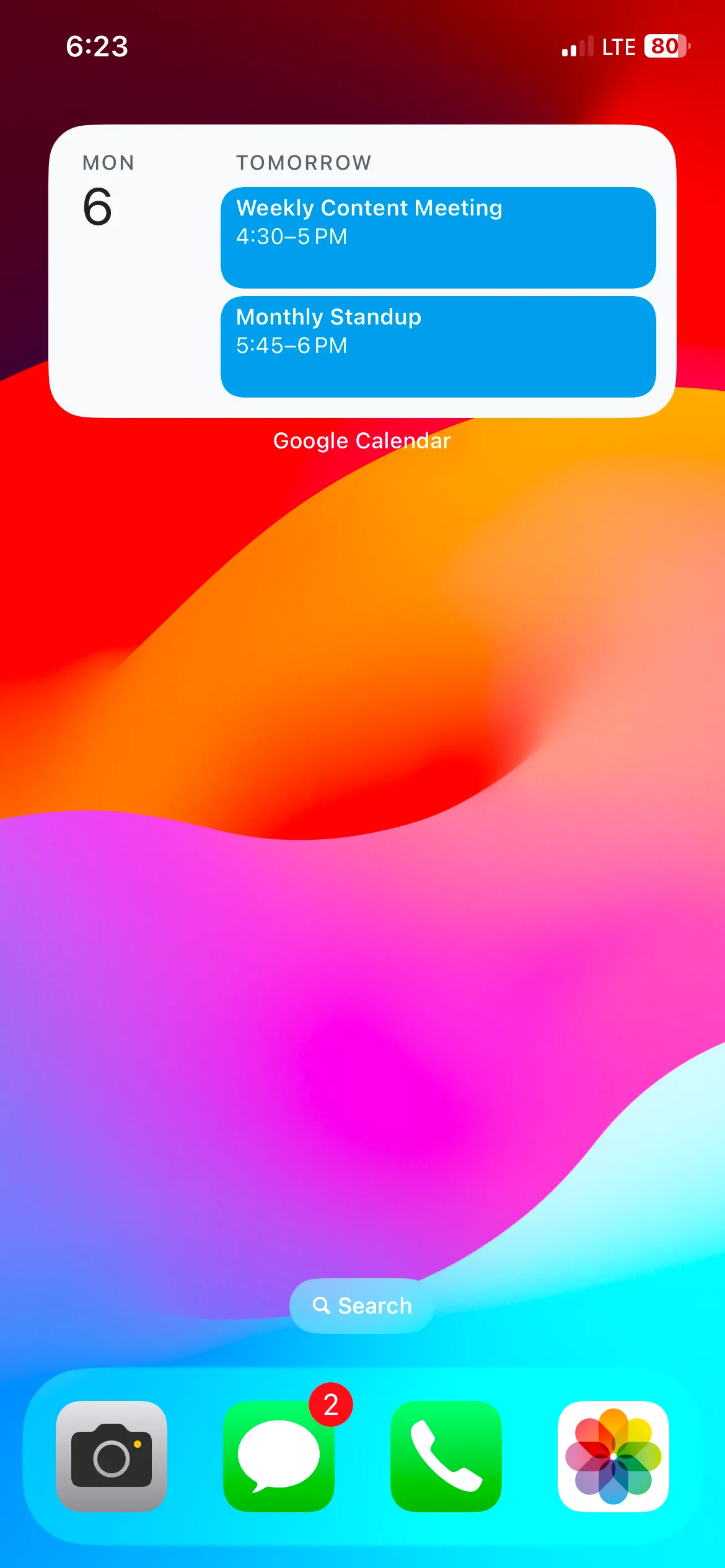 Widget Google Calendar hiển thị lịch trình và sự kiện sắp tới trên màn hình iPhone