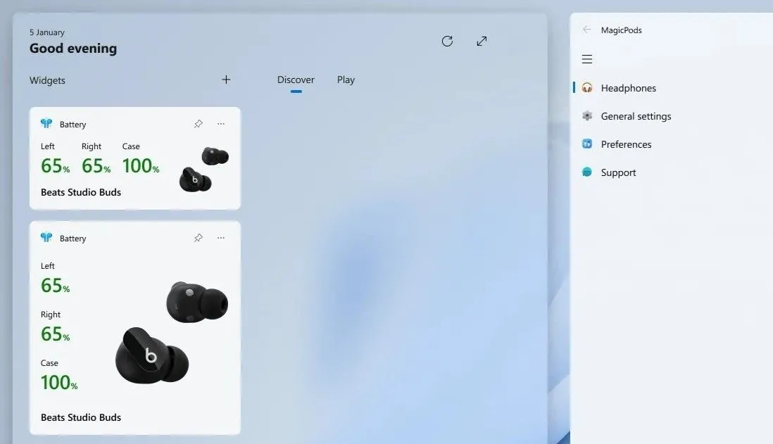 Widget MagicPods hiển thị mức pin tai nghe Bluetooth trên bảng widget Windows 11