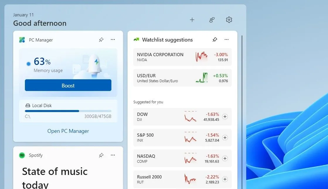 Widget PC Manager hiển thị mức sử dụng bộ nhớ và tùy chọn giải phóng RAM trên Windows 11
