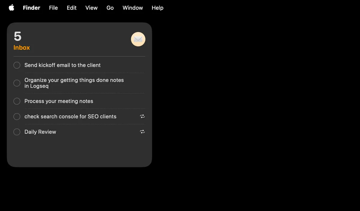 Widget Reminders được hiển thị trên màn hình desktop macOS, cho phép xem và thêm tác vụ