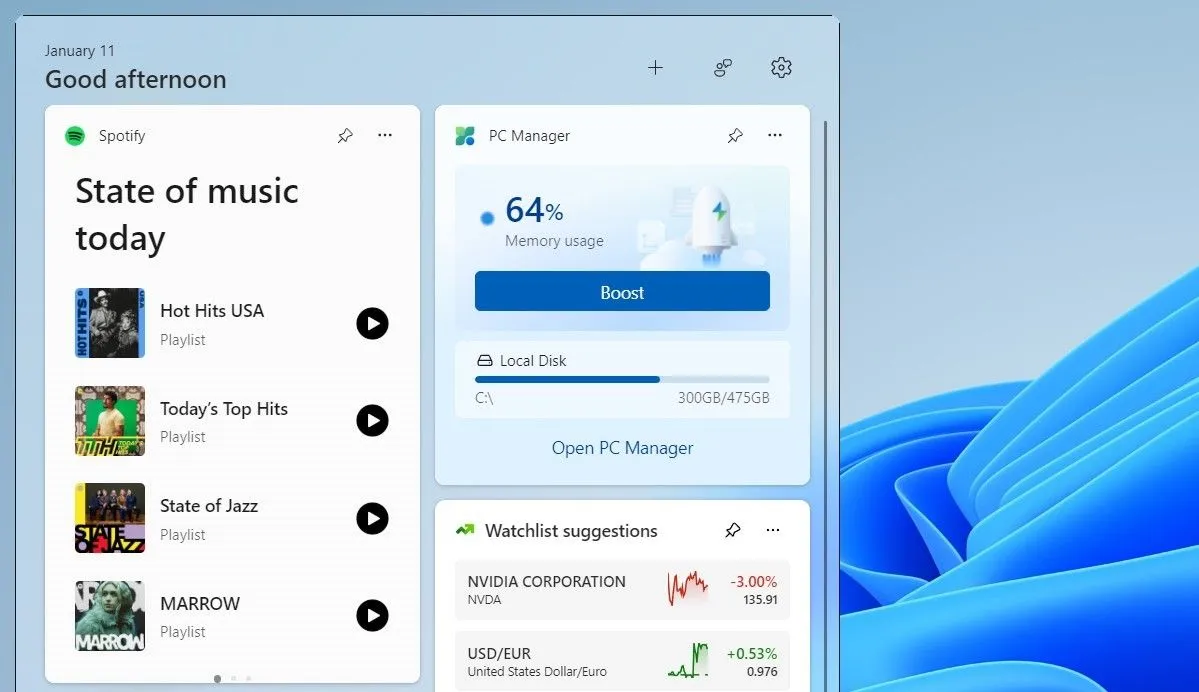 Widget Spotify cho phép điều khiển nhạc và chuyển đổi danh sách phát trên Windows 11