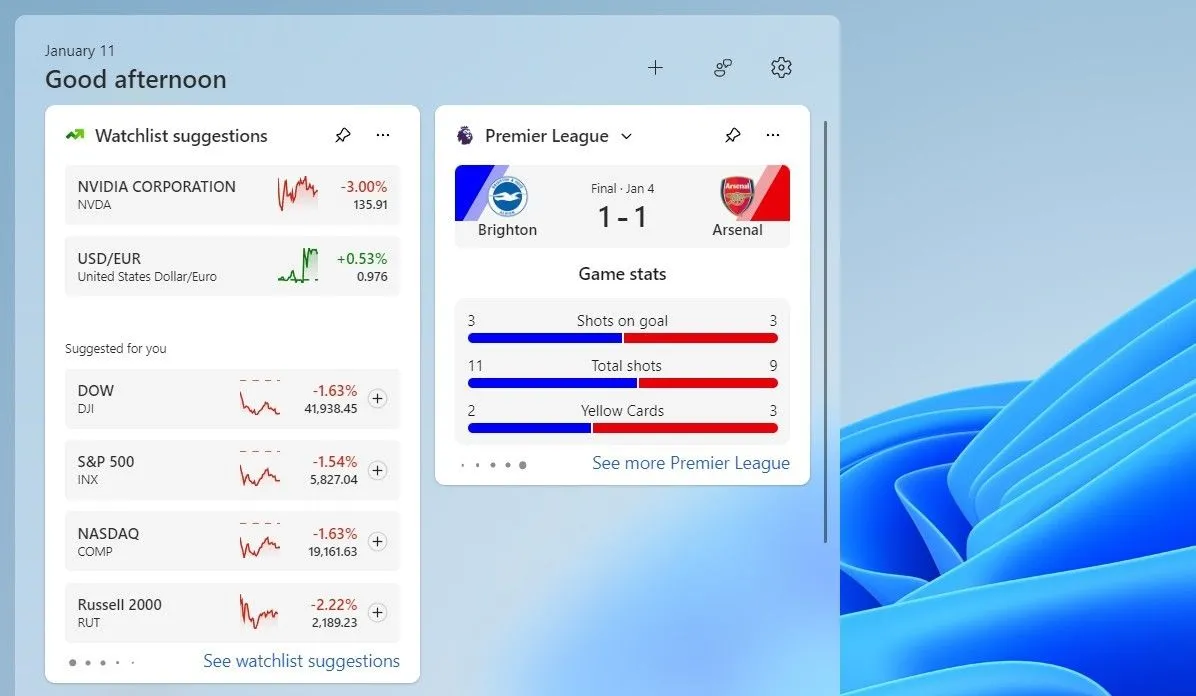 Widget Thể thao hiển thị tỷ số trận đấu bóng đá trực tiếp trên bảng widget Windows 11