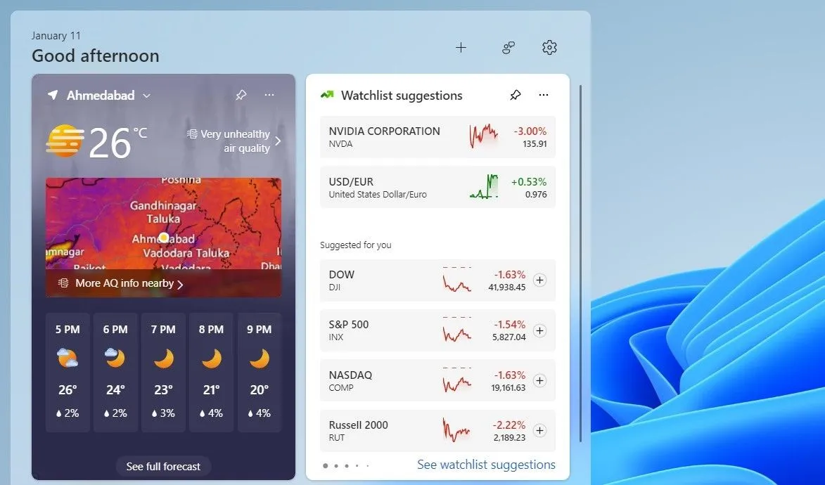 Widget thời tiết hiển thị dự báo chi tiết trên bảng widget Windows 11