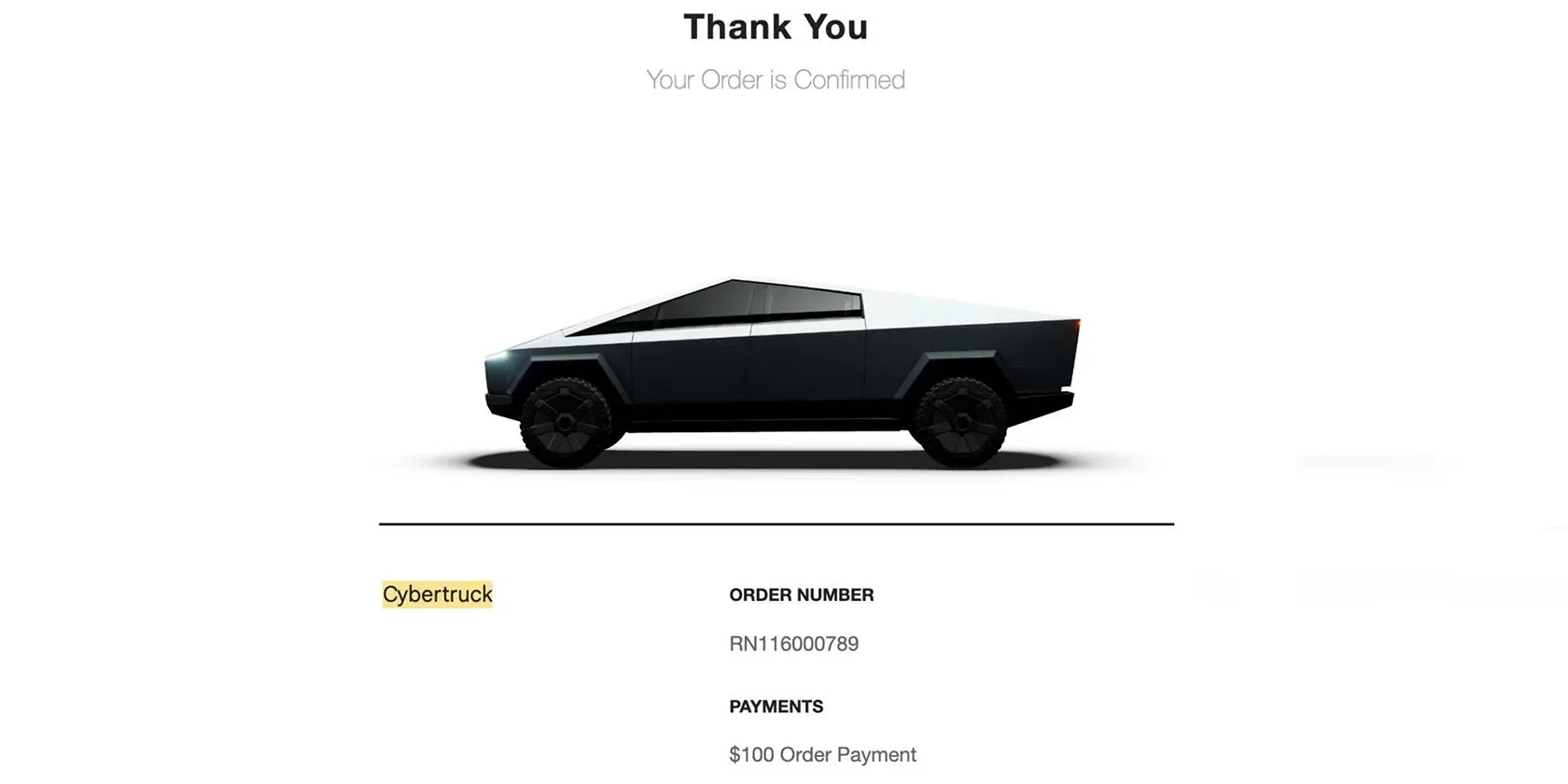 Xác nhận đặt hàng xe Tesla Cybertruck, minh họa rủi ro khi lưu trữ ảnh chụp màn hình thông tin giao dịch mua sắm.