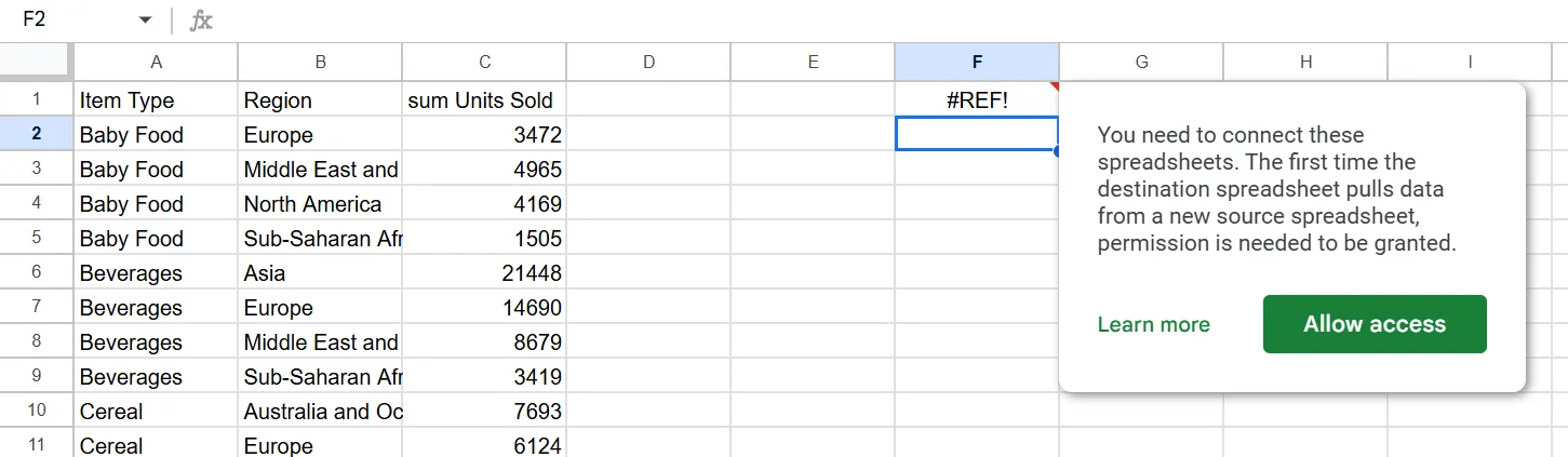 Yêu cầu cấp quyền truy cập để kéo dữ liệu từ một bảng tính Google Sheets bên ngoài sử dụng IMPORTRANGE và QUERY.