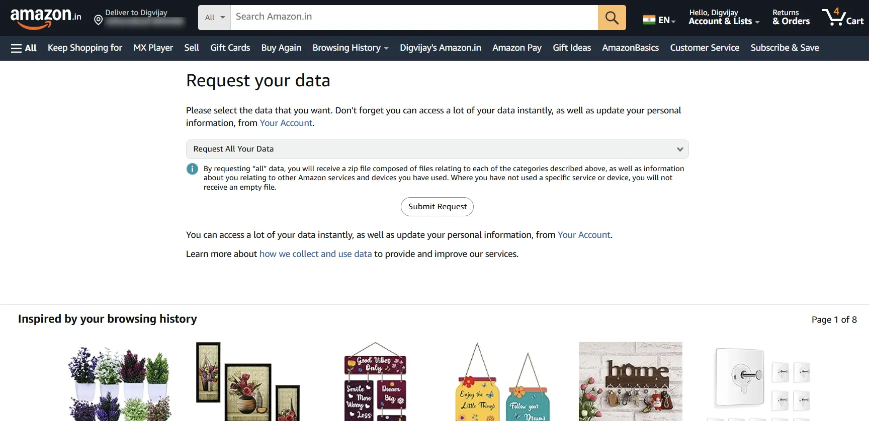 Yêu cầu tải xuống toàn bộ dữ liệu cá nhân từ tài khoản Amazon của bạn